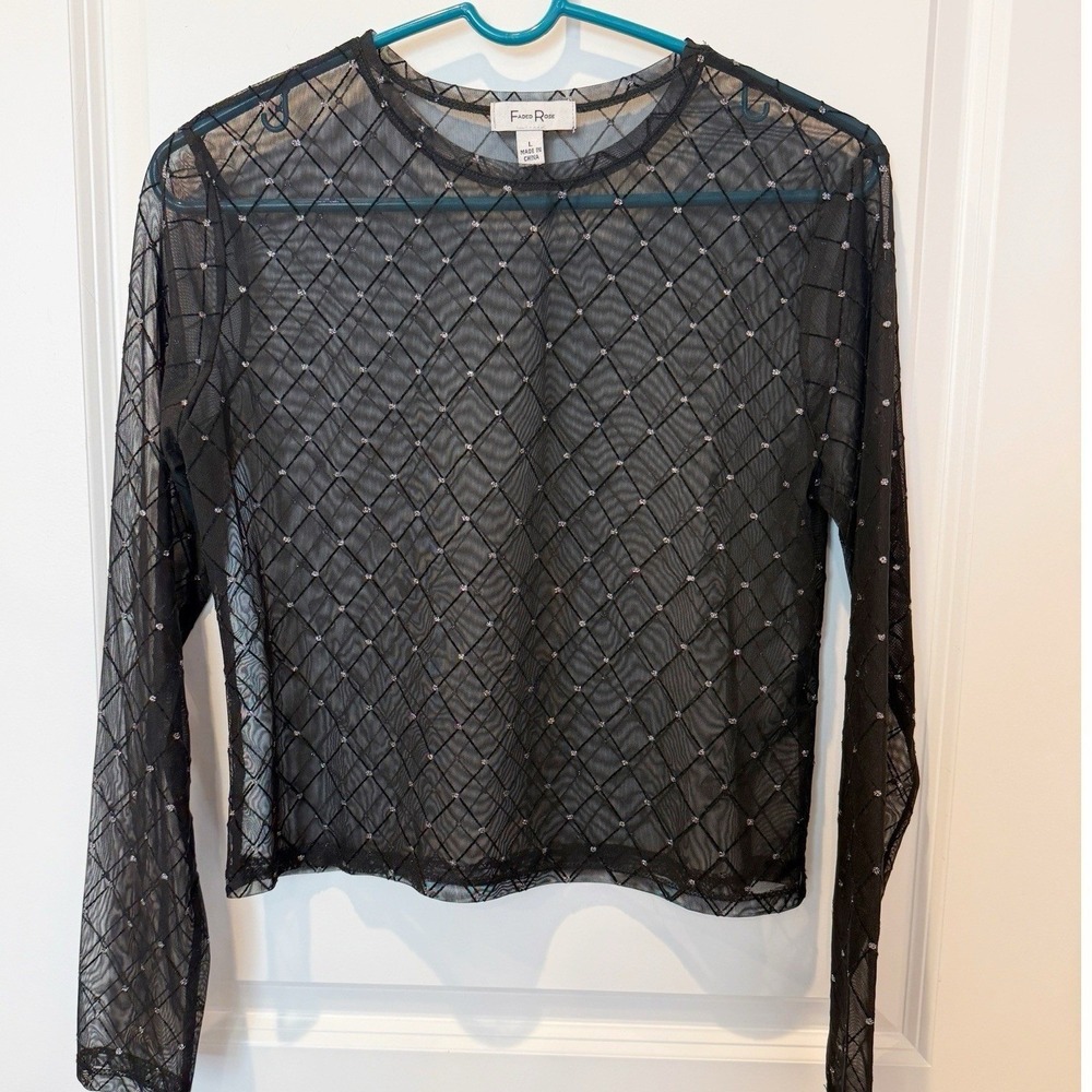 Faded Rose Y2K‎ Argyle Sheer Black Top Large Fairy Grunge Whimsigoth Sparkle